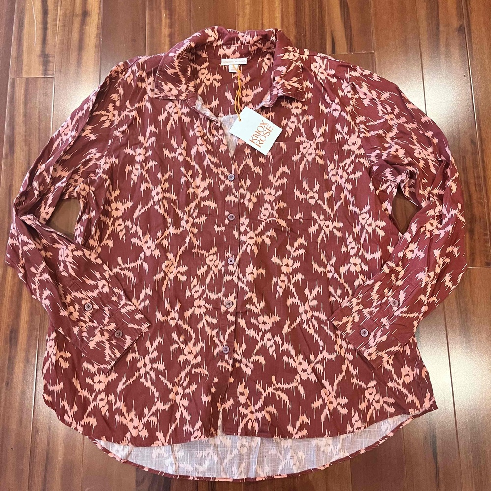 New NWT Knox Rose Red Collared Top Patterned Shirt Long‎ Sleeve Button Plus XXL